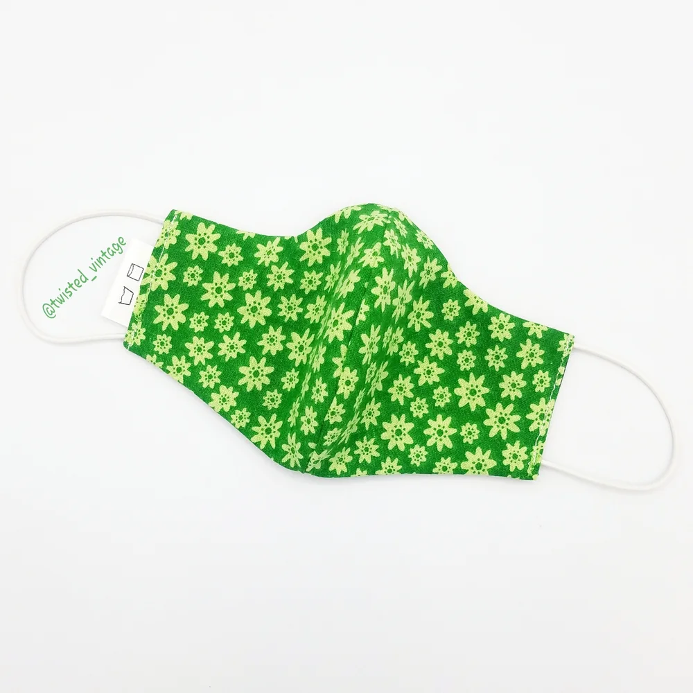 Little Girls Red Cherries Reversible Vintage Green Floral Face Mask 5 6 5/6 Hand